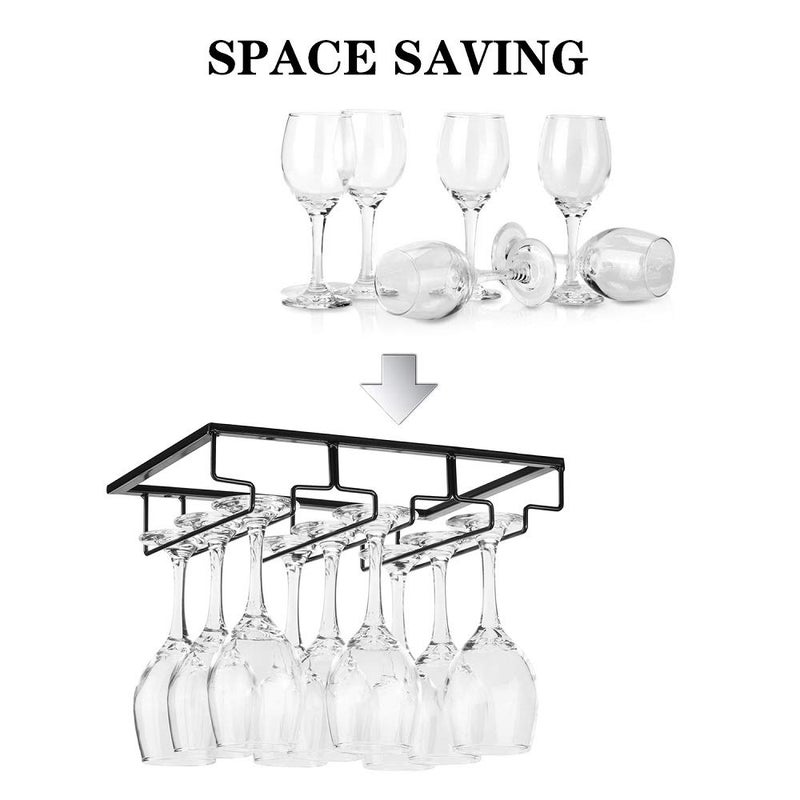 FOMANSH Wine Glass Rack - Under Cabinet Stemware Wine Glass Holder Glasses Storage Hanger 2 Pack Metal Organizer for Bar Kitchen Black - Image 2